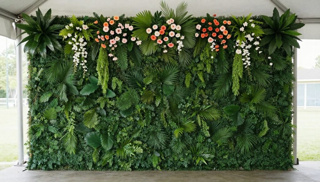 Lush greenery wall with floral accents as a photo backdrop