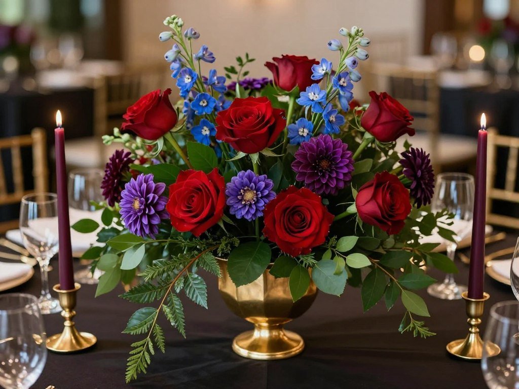 Lush jewel tone floral centerpiece with deep red roses, purple dahlias, and blue delphinium Lush jewel tone floral centerpiece with deep red roses, purple dahlias, and blue delphinium