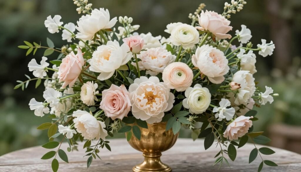 Lush romantic floral arrangement with roses and peonies
