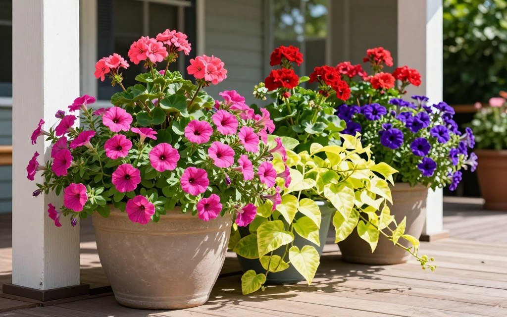 Lush summer porch planters overflowing with colorful petunias, geraniums, and sweet potato vine