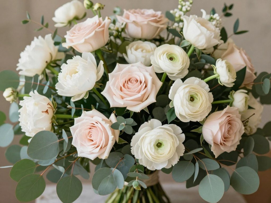 Lush wedding floral arrangement with roses, peonies, and eucalyptus greenery