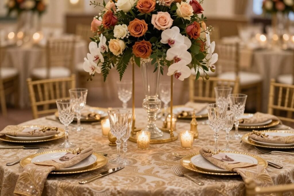 Luxurious desi wedding reception table with tall floral centerpiece, gold accents, and elegant place settings