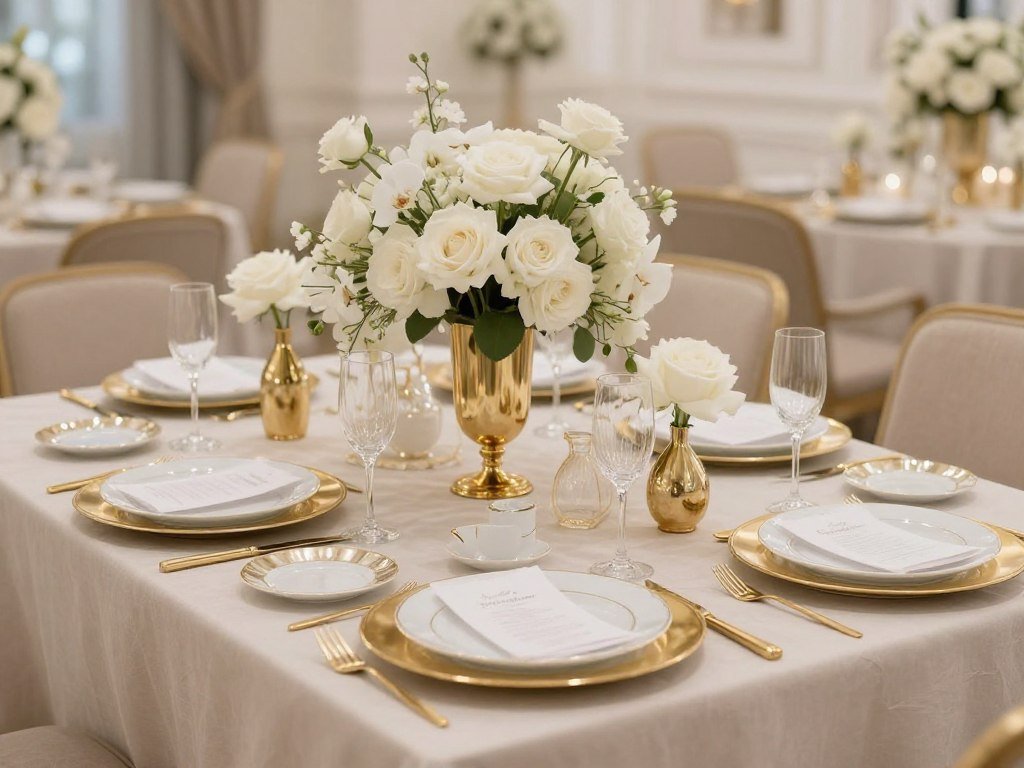 Luxurious gold and white bridal shower decoration with metallic accents and elegant details