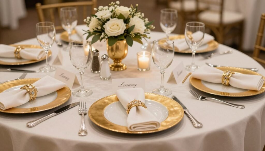Luxurious quinceañera table setting with gold chargers, crystal glassware, and elegant place cards creating a sophisticated dining experience Luxurious quinceañera table setting with gold chargers, crystal glassware, and elegant place cards creating a sophisticated dining experience