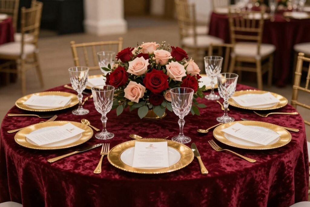 Luxurious round wedding table with velvet burgundy tablecloth and gold accents