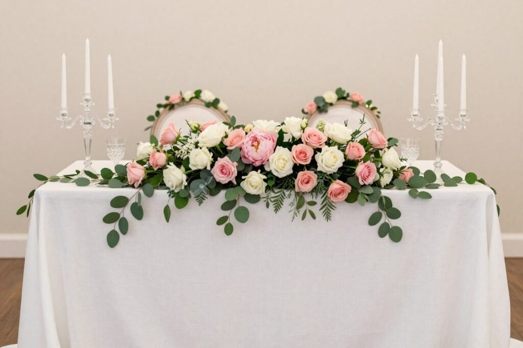 Luxurious sweetheart table with cascading floral garland in pink and white roses with eucalyptus greenery Luxurious sweetheart table with cascading floral garland in pink and white roses with eucalyptus greenery