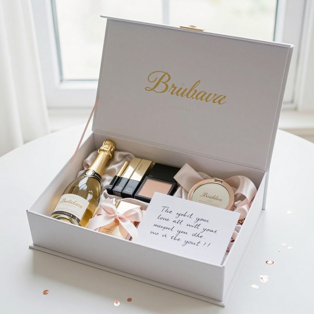 Luxury bridesmaid proposal box opened to reveal champagne, makeup, and personalized gifts with ribbon