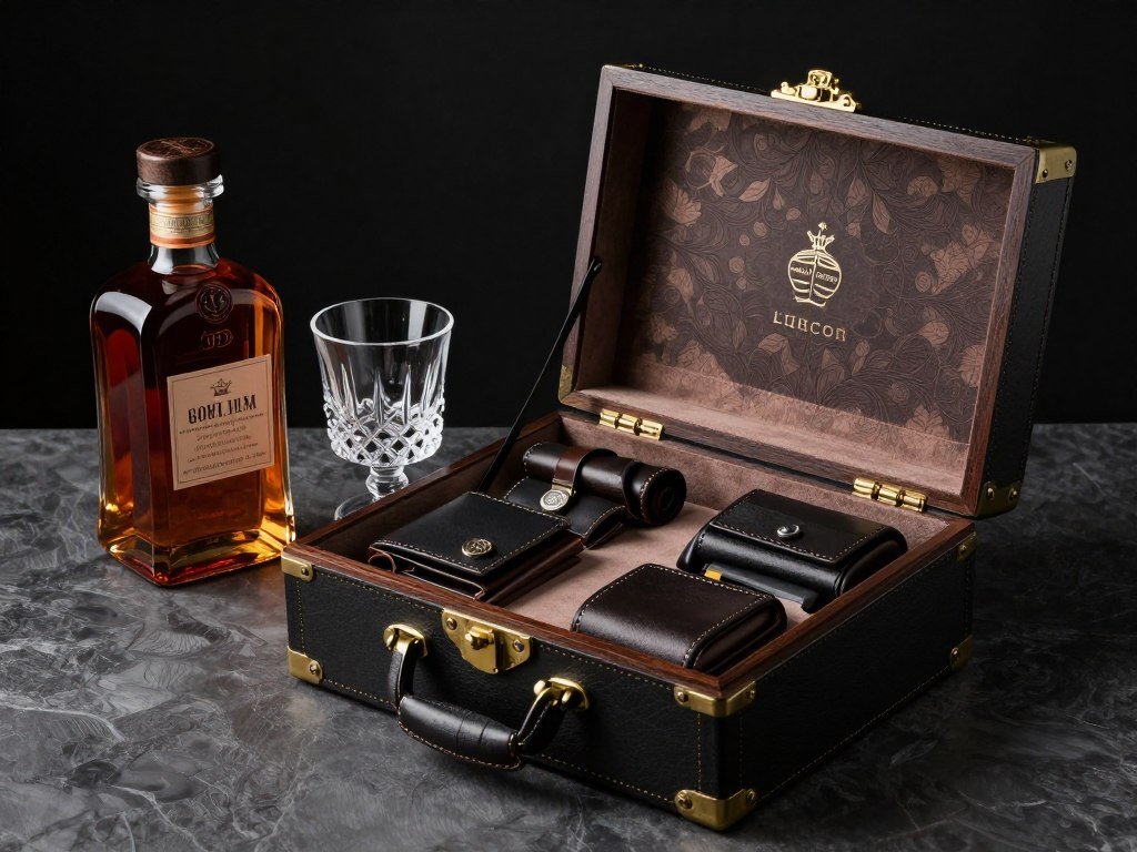 Luxury groomsmen proposal box with leather accessories and premium spirits