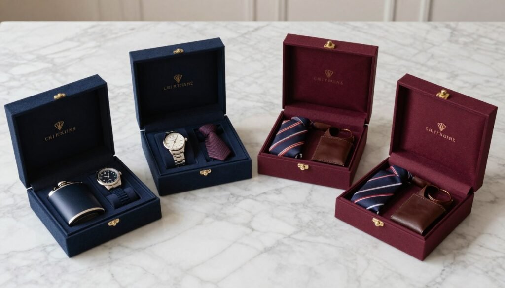 Luxury groomsmen proposal boxes arranged as a complete set showing coordinated styling