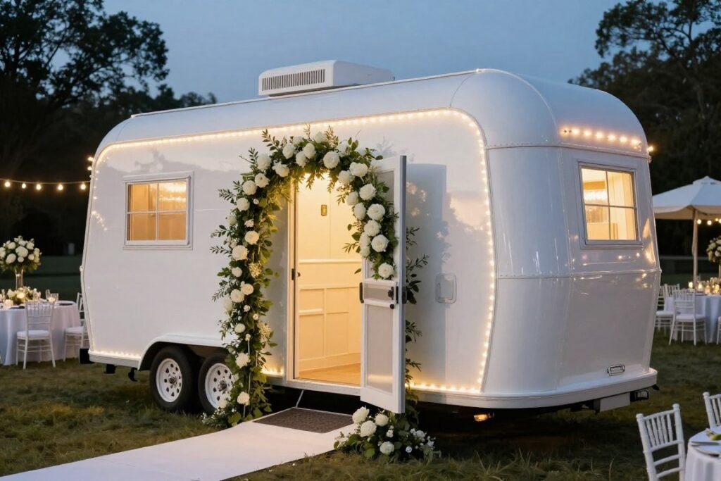 Luxury portable restroom at outdoor wedding