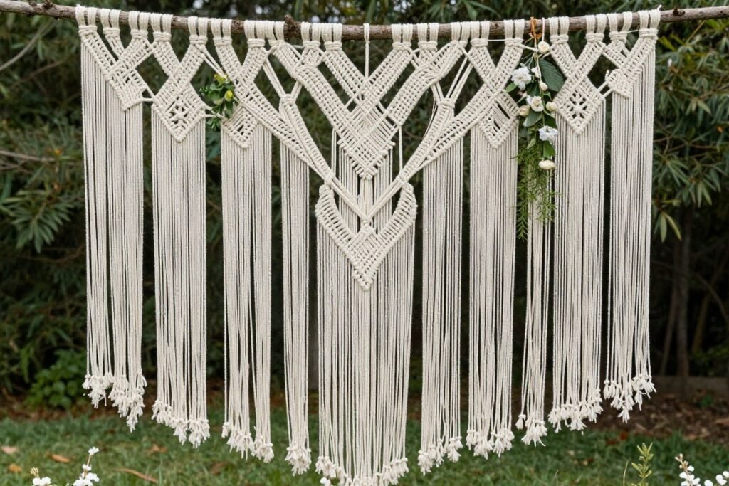 Macramé backdrop for backyard wedding ceremony