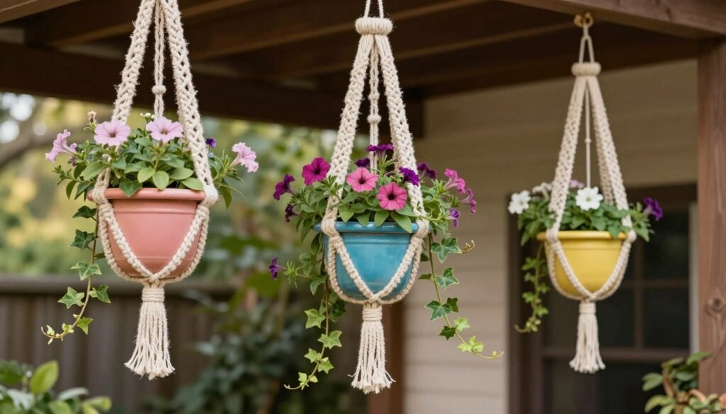 Macrame plant hangers holding colorful flower pots with trailing petunias and ivy hanging from a porch ceiling Macrame plant hangers holding colorful flower pots with trailing petunias and ivy hanging from a porch ceiling