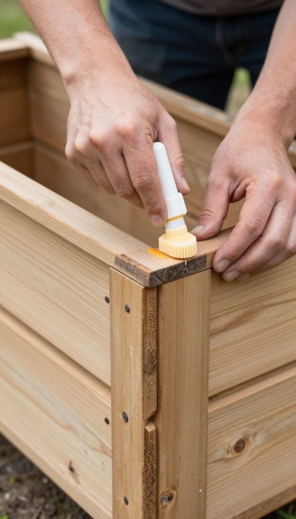Maintaining a wooden planter box by resealing the wood