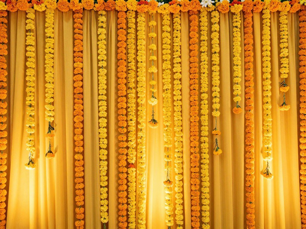 Marigold flower curtain backdrop for haldi ceremony