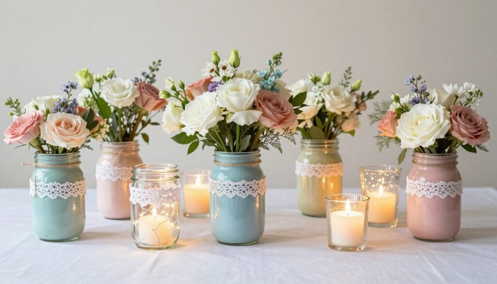 Mason jar centerpiece arrangements for bridal shower in different styles