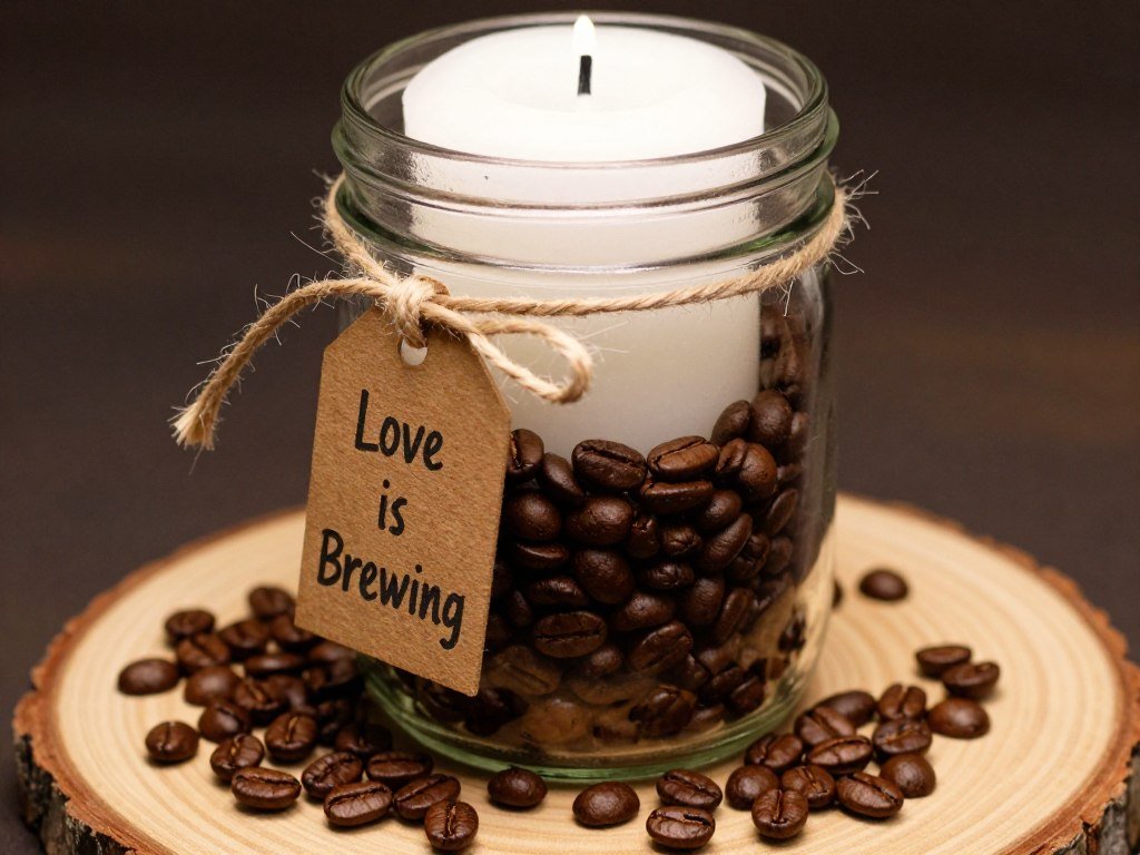 Mason jar centerpieces filled with coffee beans and candles for love is brewing bridal shower decor