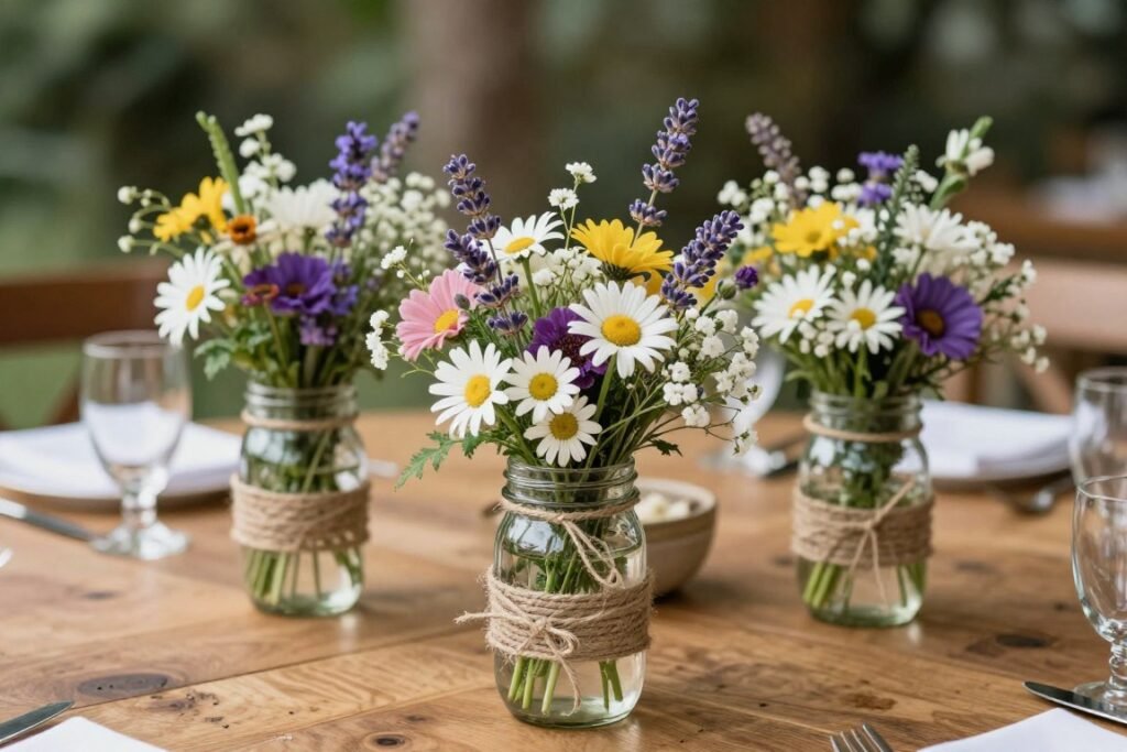 Mason jar flower arrangements with wildflowers and twine for wedding table decoration