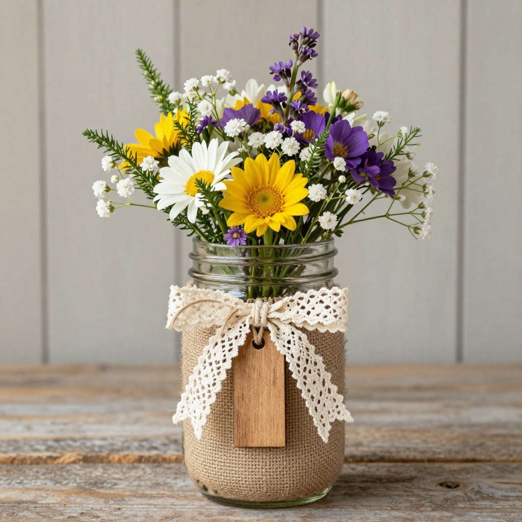 Mason jar with flowers and burlap wrap