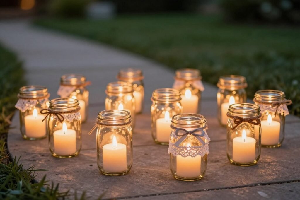 Mason jars with candles as backyard wedding decorations