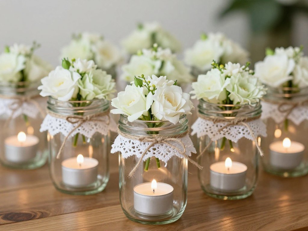 Mason jars wrapped with twine and lace used as wedding decorations Mason jars wrapped with twine and lace used as wedding decorations