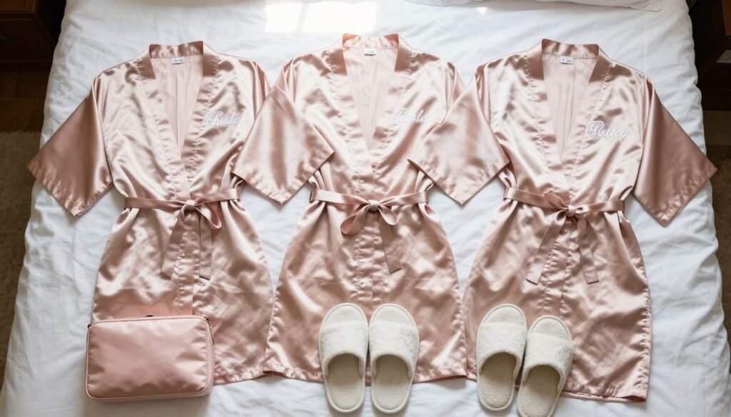 Matching bridesmaid robes and pajamas laid out with personalized embroidery and gift boxes