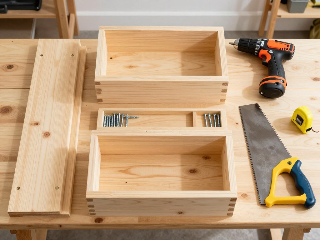 Materials and tools laid out for DIY planter boxes project