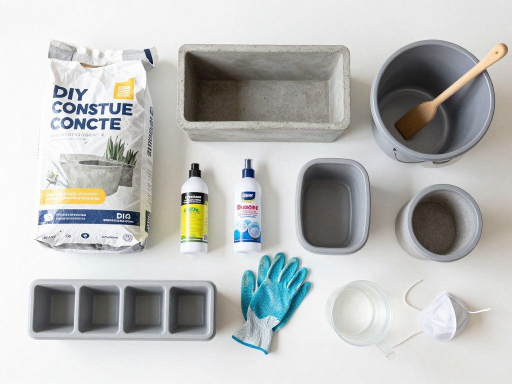 Materials and tools laid out for making DIY concrete planters