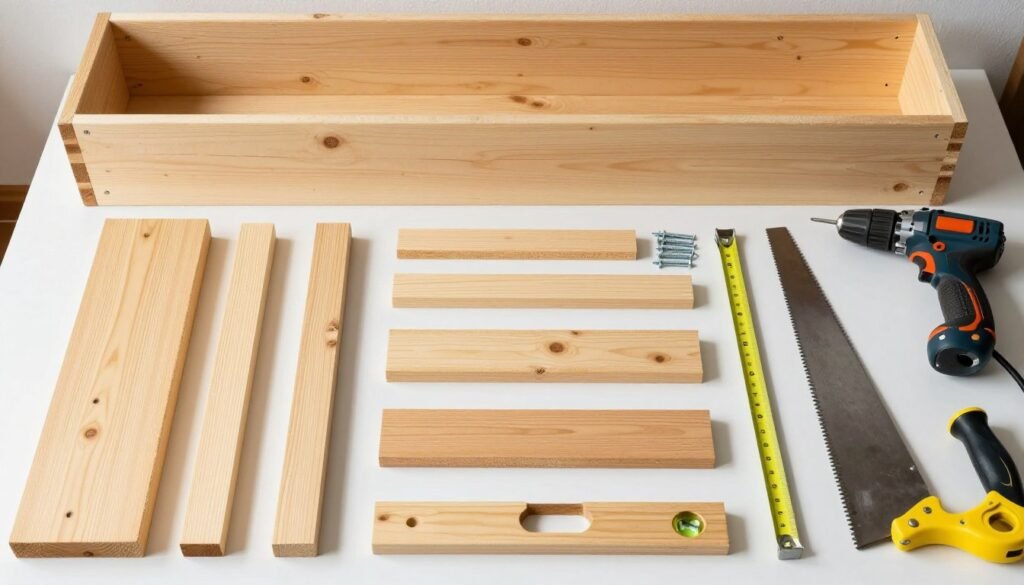 Materials laid out for building DIY raised planter boxes including lumber, screws, and tools