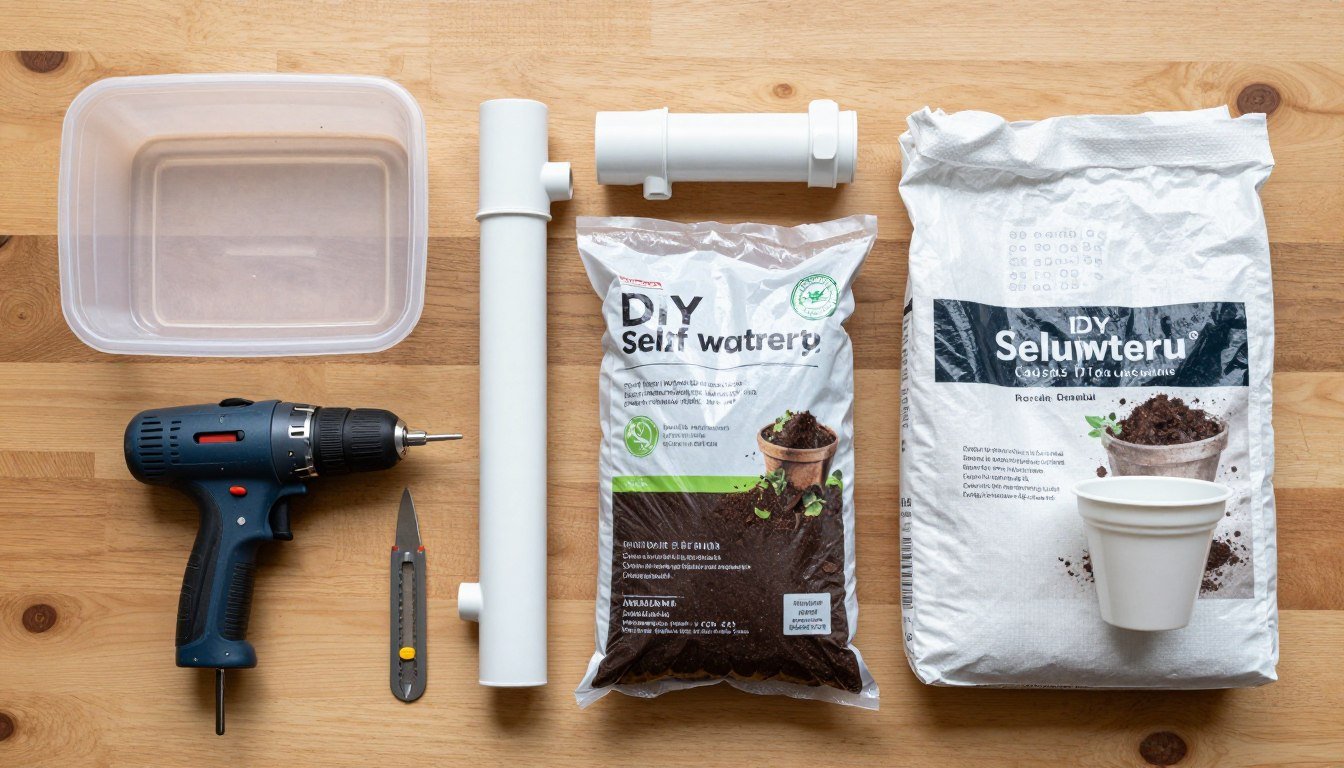 Materials laid out for making a DIY self watering planter including container, PVC pipe, drill, and potting soil