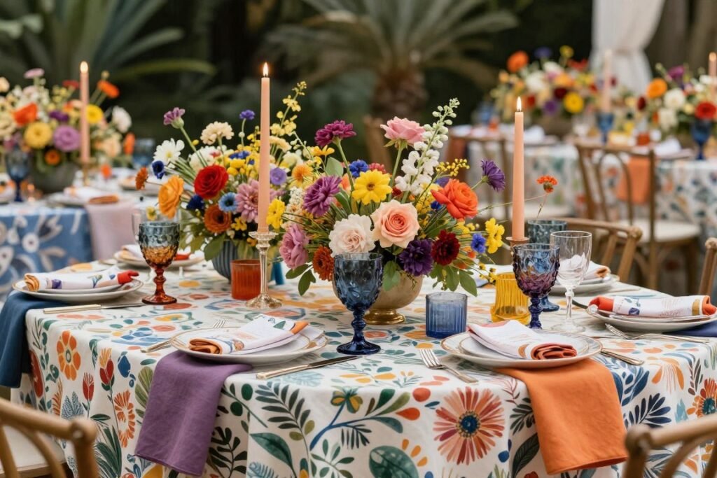 Maximalist wedding decor with bold colors, mixed patterns, and eclectic styling