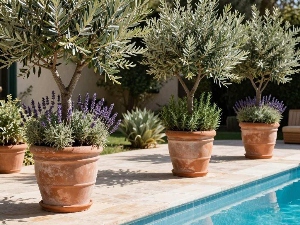 Mediterranean-style pool area with terracotta planters containing olive trees, lavender, and rosemary Mediterranean-style pool area with terracotta planters containing olive trees, lavender, and rosemary