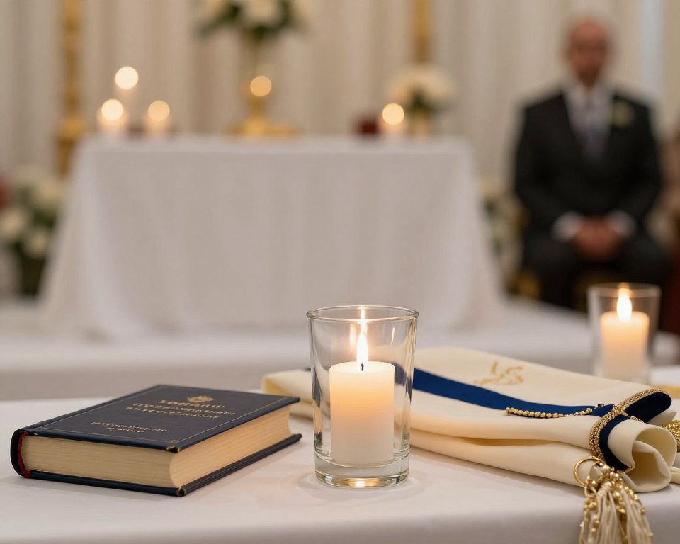 Memorial candles lit near religious ceremony elements Memorial candles lit near religious ceremony elements