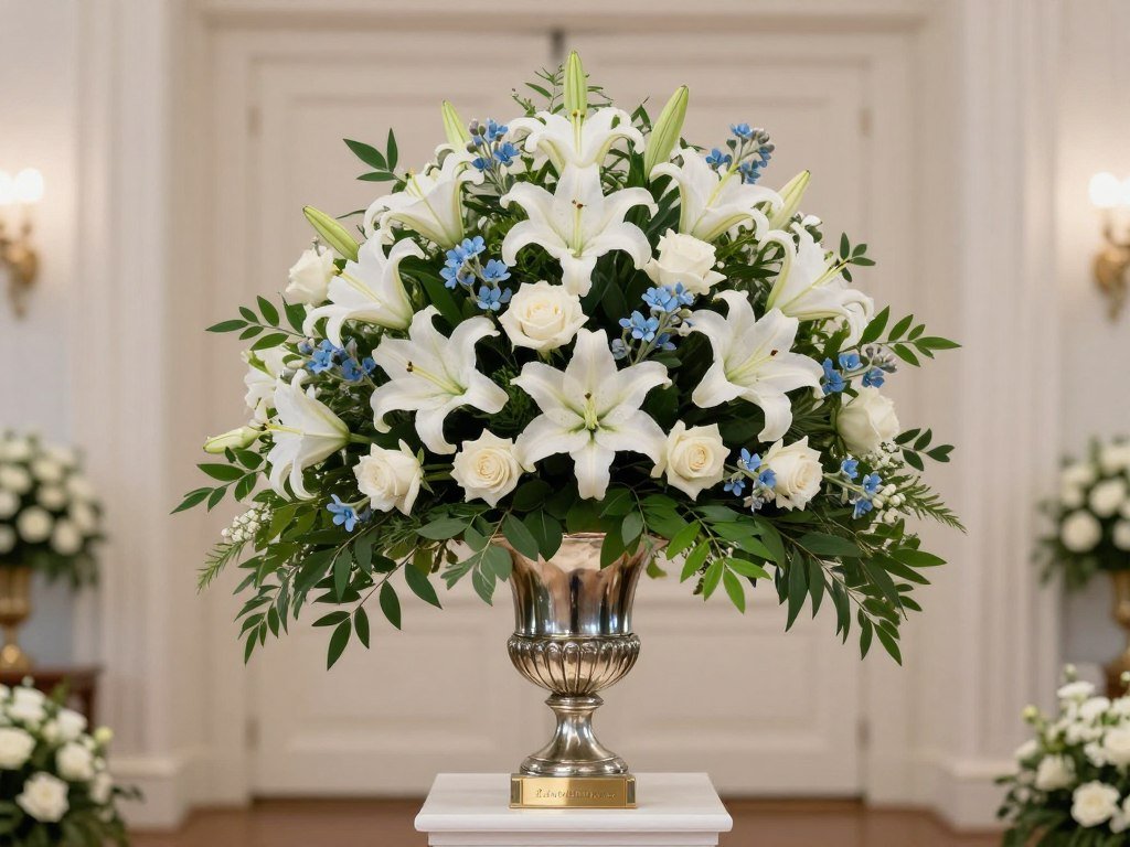 Memorial flower arrangement with dedication plaque Memorial flower arrangement with dedication plaque