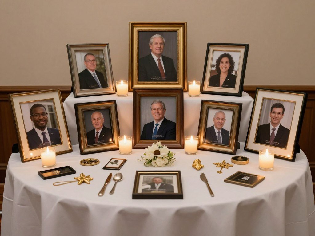 Memorial service focal point with framed photographs, candles, and personal mementos on an elegantly decorated table
