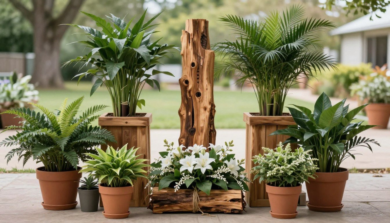 Memorial service with nature-themed decorations including potted plants, natural wood elements, and outdoor setting