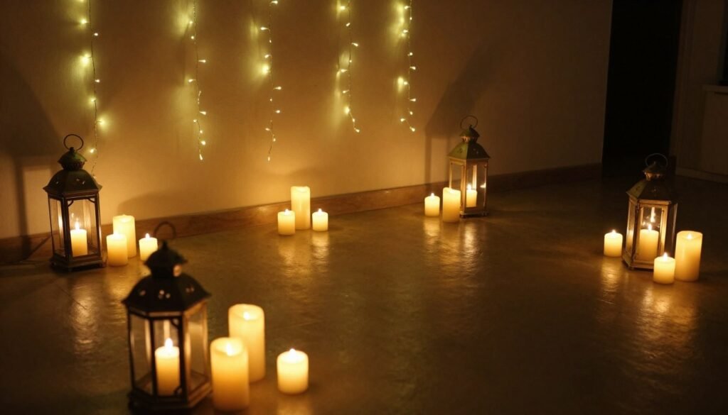 Memorial service with soft candle lighting, string lights, and lanterns creating a warm atmosphere