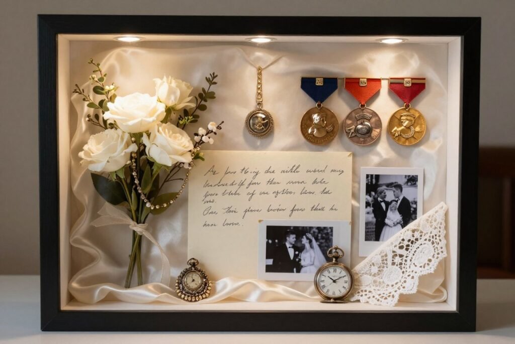Memorial shadow box with personal mementos and photos Memorial shadow box with personal mementos and photos