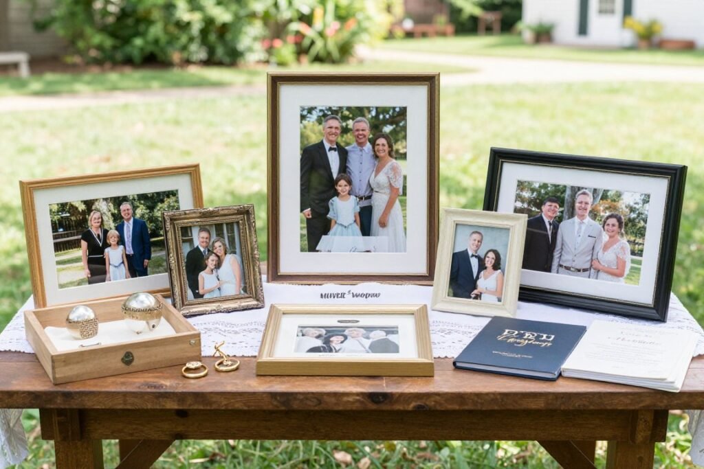 Memory table with family photos at backyard wedding