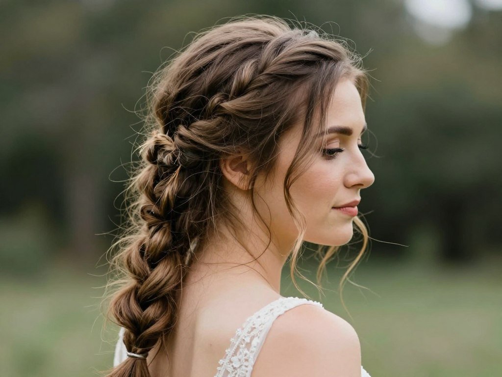 Messy side braid bridesmaid hairstyle for casual outdoor wedding