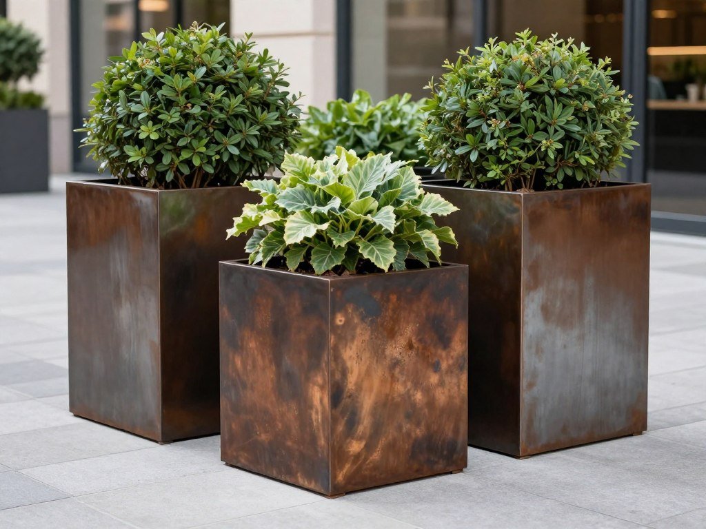Metal large outdoor planters with contemporary design in an urban setting