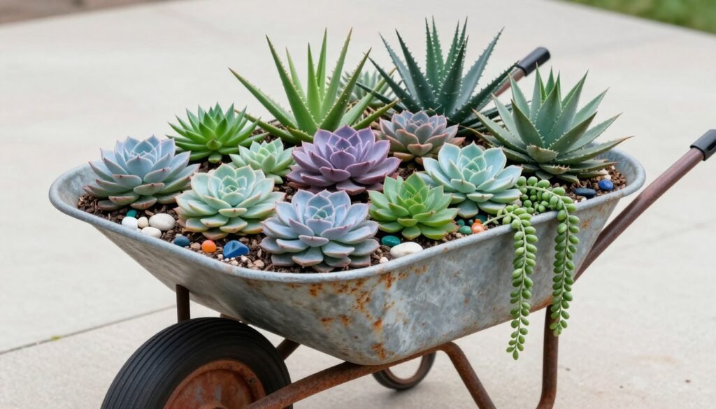 Metal wheelbarrow filled with an arrangement of colorful succulents in various shapes, sizes and colors creating a desert garden effect Metal wheelbarrow filled with an arrangement of colorful succulents in various shapes, sizes and colors creating a desert garden effect