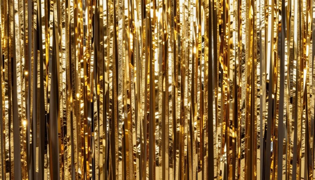 Metallic fringe backdrop decoration in gold for a glamorous party setting