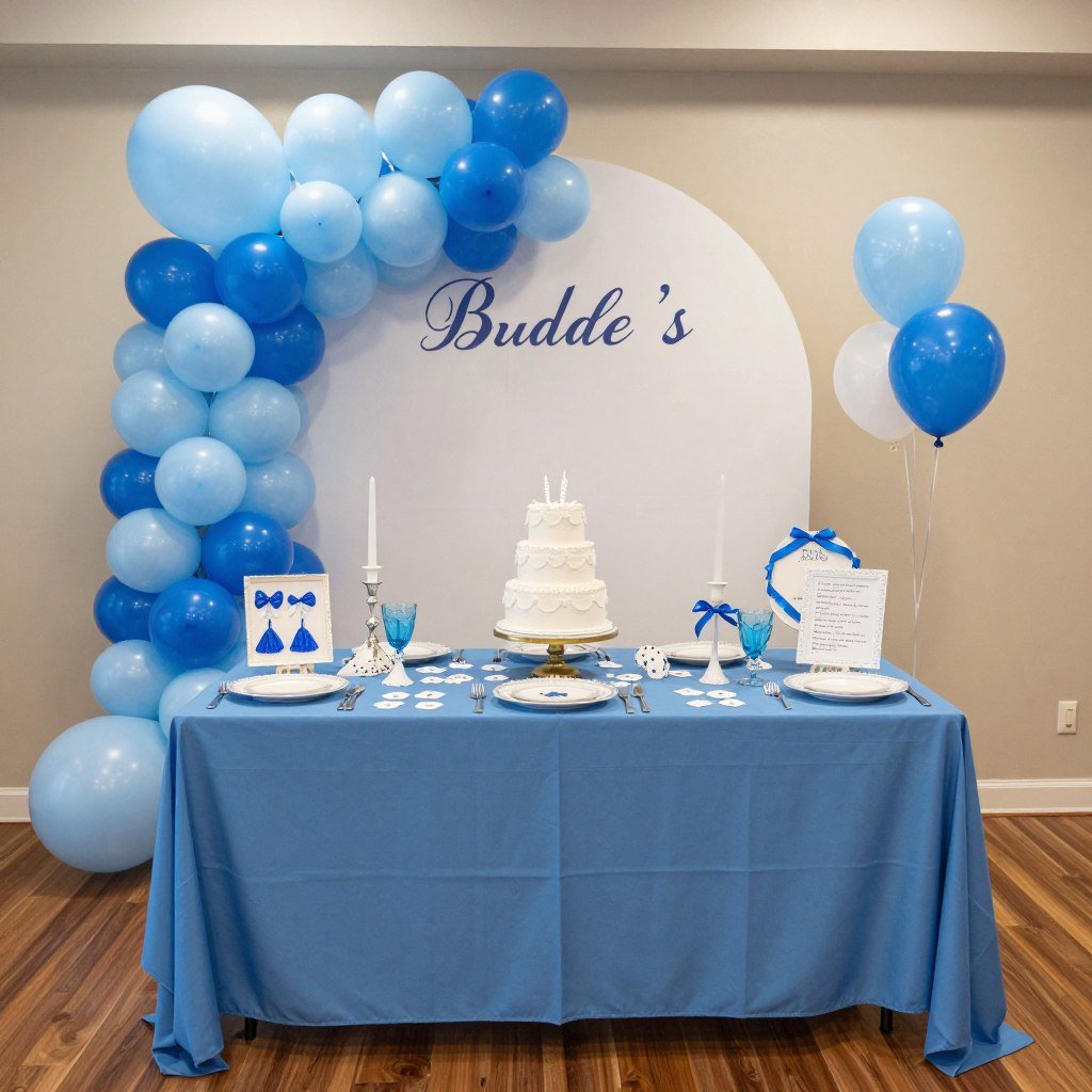 Mid-range blue bridal shower with mix of purchased and DIY decorations
