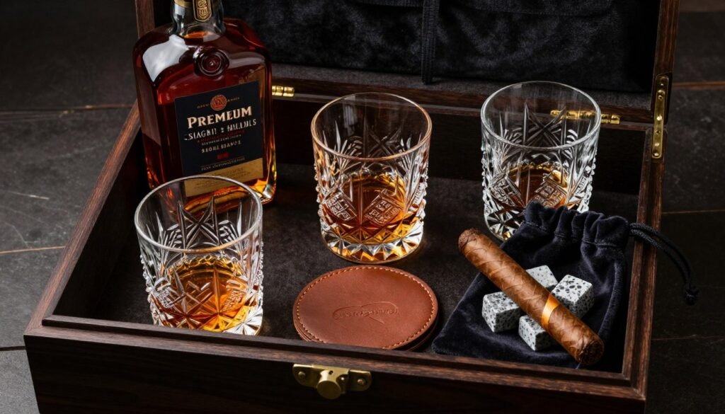 Mid-range whiskey groomsmen proposal box with engraved glasses and bourbon