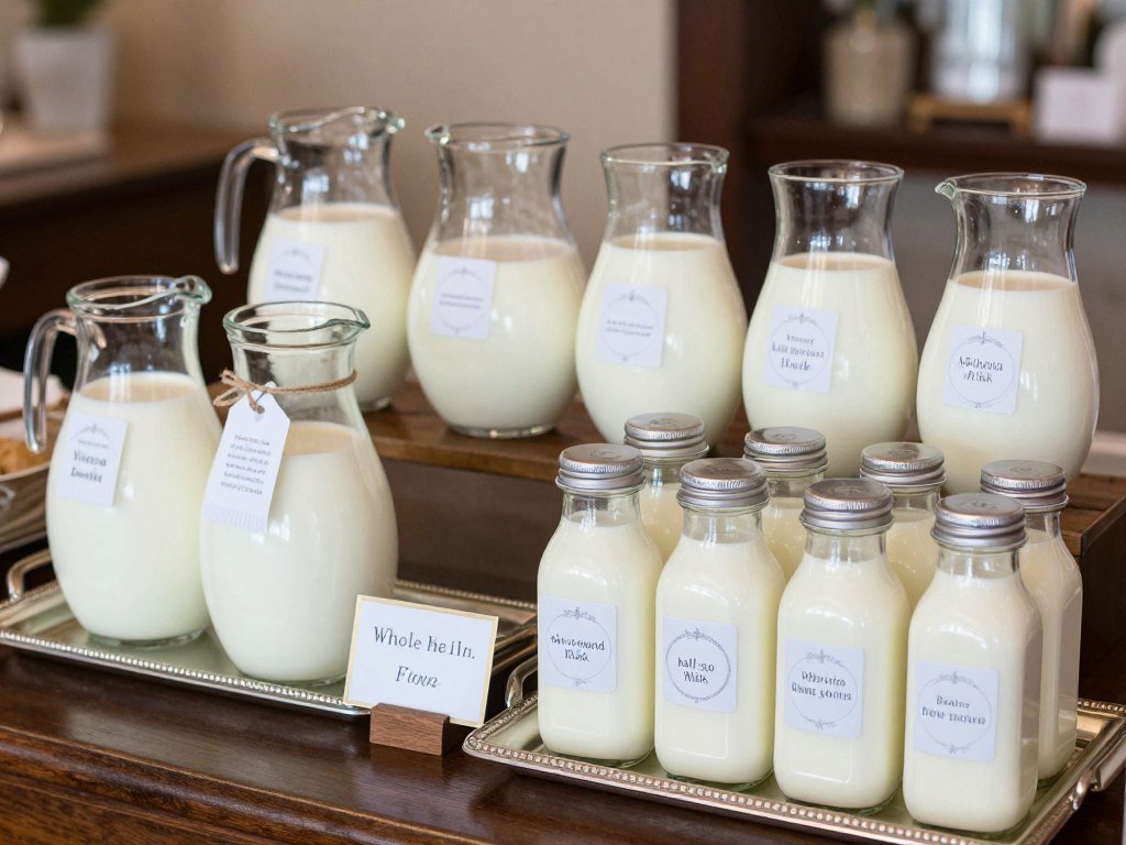 Milk and cream options in glass pitchers for love is brewing bridal shower coffee bar