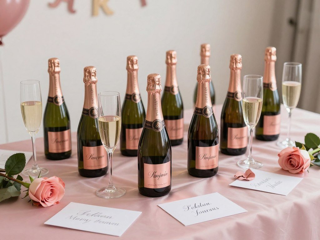 Mini champagne bottles with custom labels for bridesmaid proposals