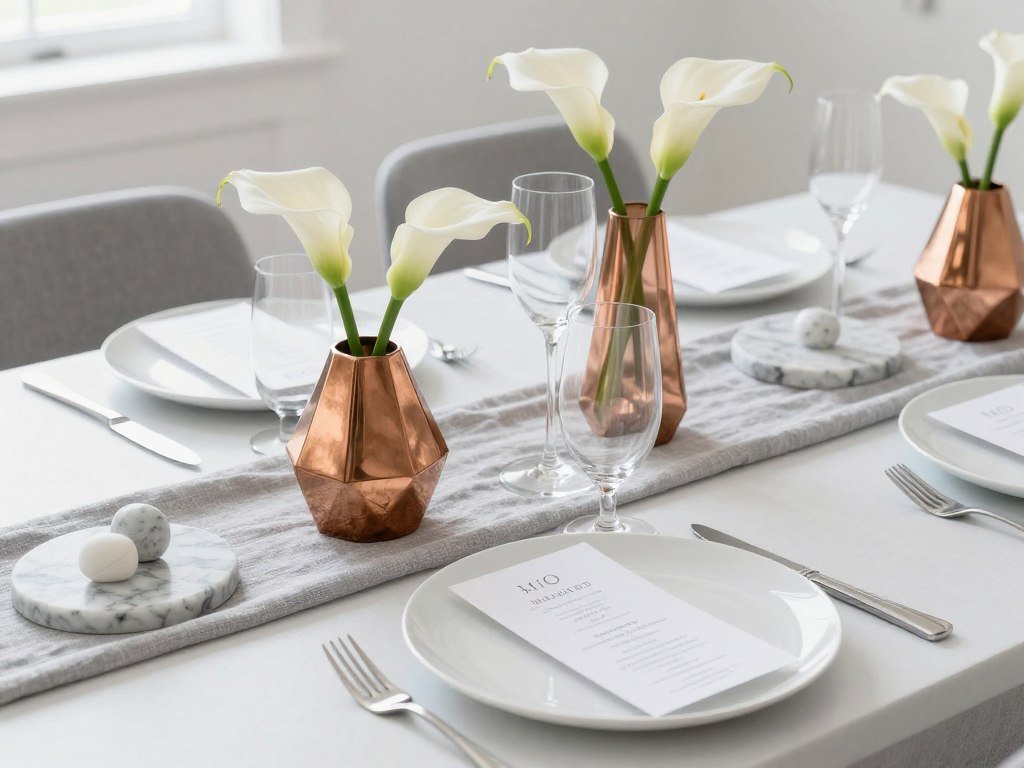 Minimalist bridal shower decoration with clean lines, neutral colors, and geometric elements