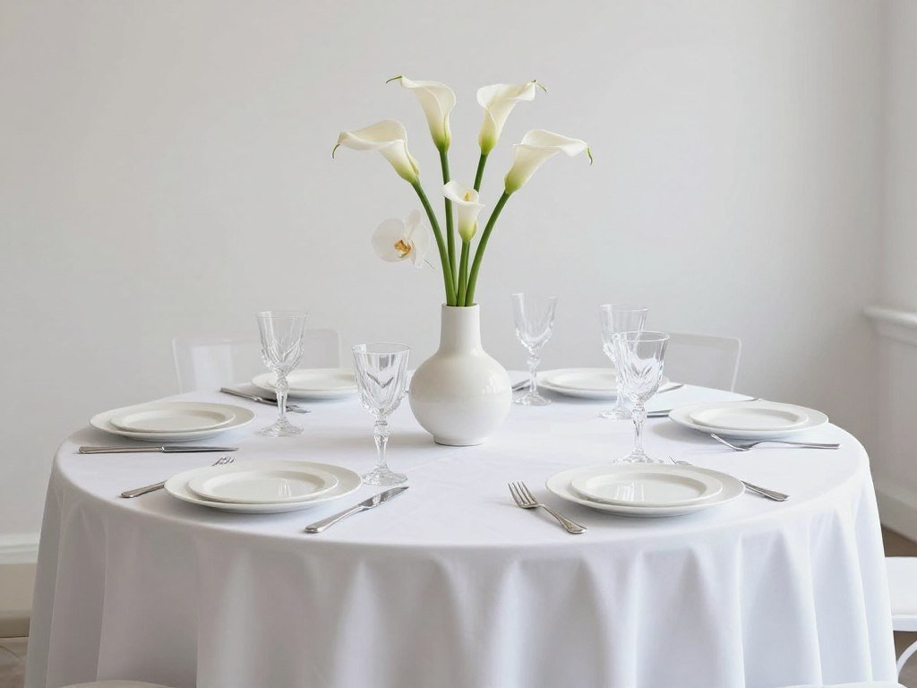 Minimalist round wedding table with clean lines and simple floral arrangement