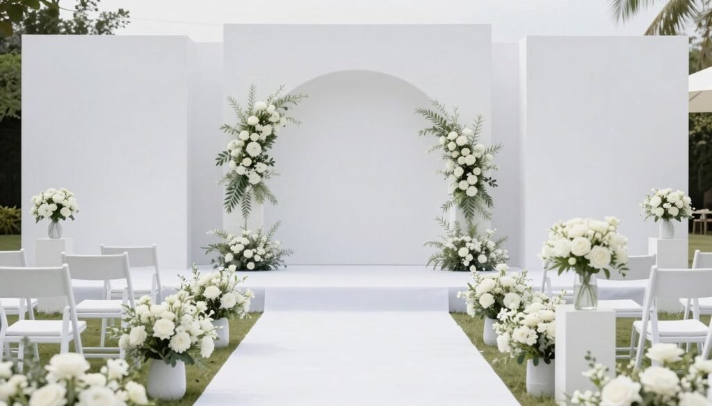 Minimalist wedding aisle with geometric elements and white flowers
