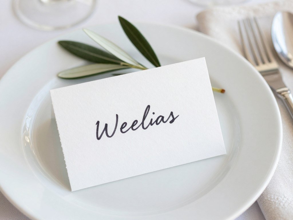 Minimalist wedding place setting with simple place card and small sprig of greenery